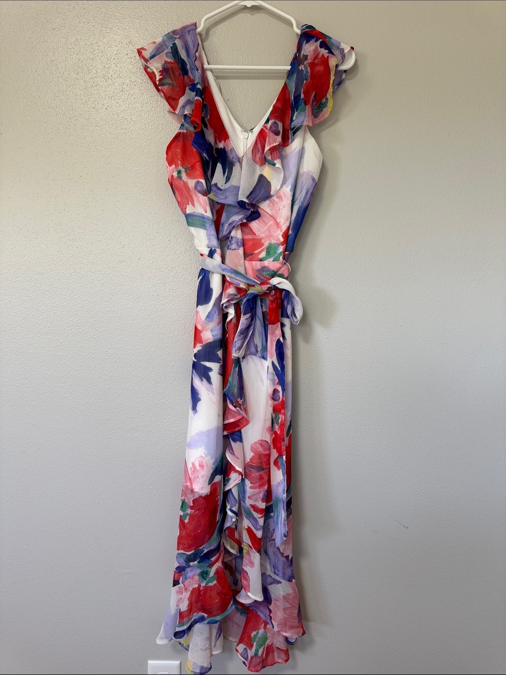 Floral Ruffle Maxi Wrap Dress - White with Red & Purple Blooms